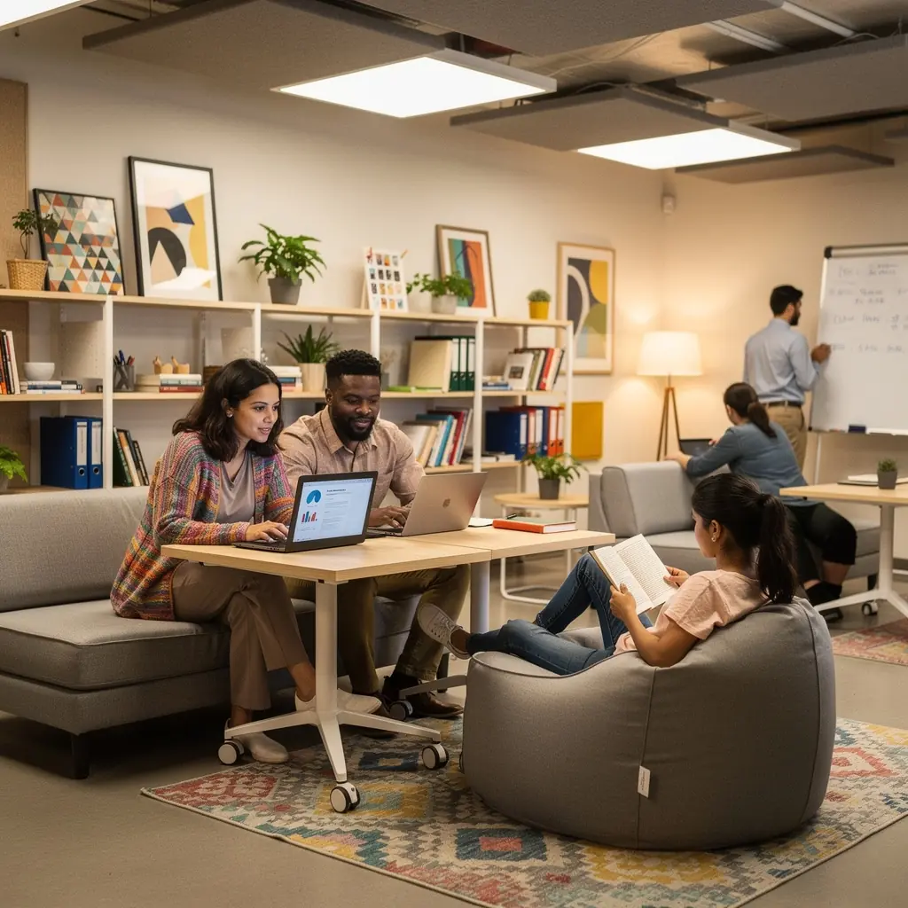 Strefa spotkań w biurze z wygodnymi siedziskami i nowoczesnym wystrojem.