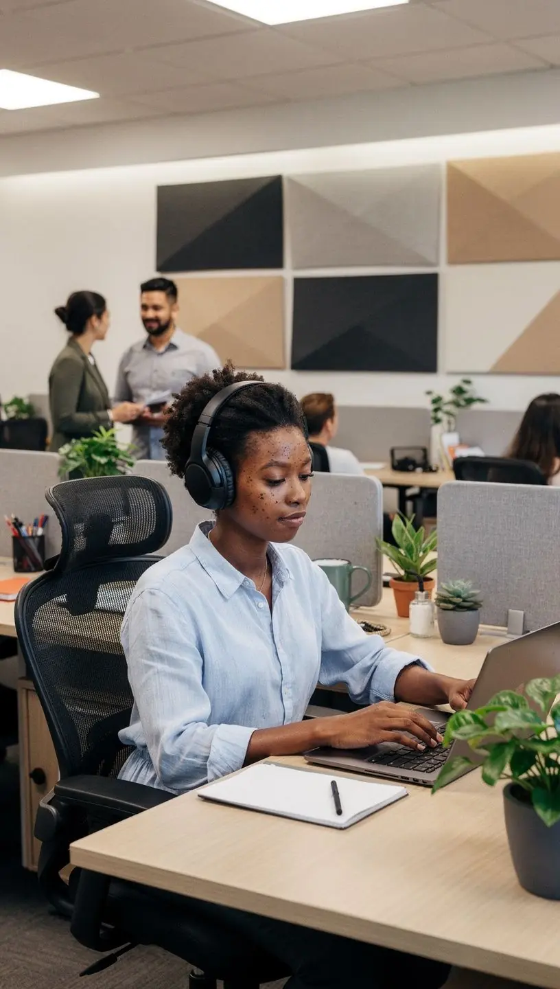 Wizualizacja biura z podziałem na różne strefy funkcjonalne i akustyczne.